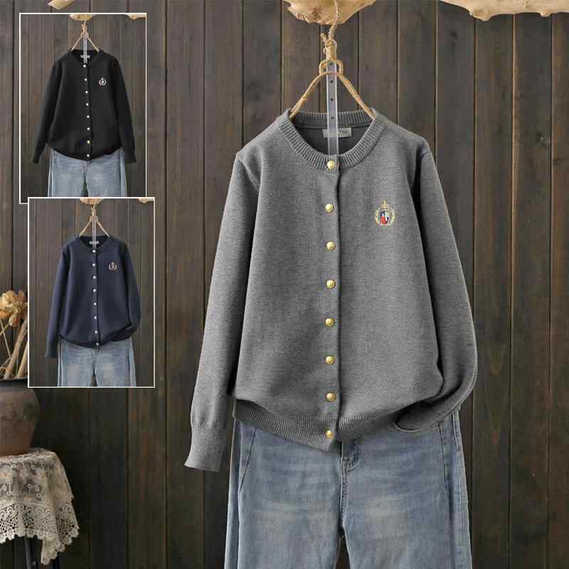 樂天商城 - ブラック ネイビー グレー ニット アウター 刺繍 オーバーサイズ 長袖 ラウンドネック 秋冬 レディース