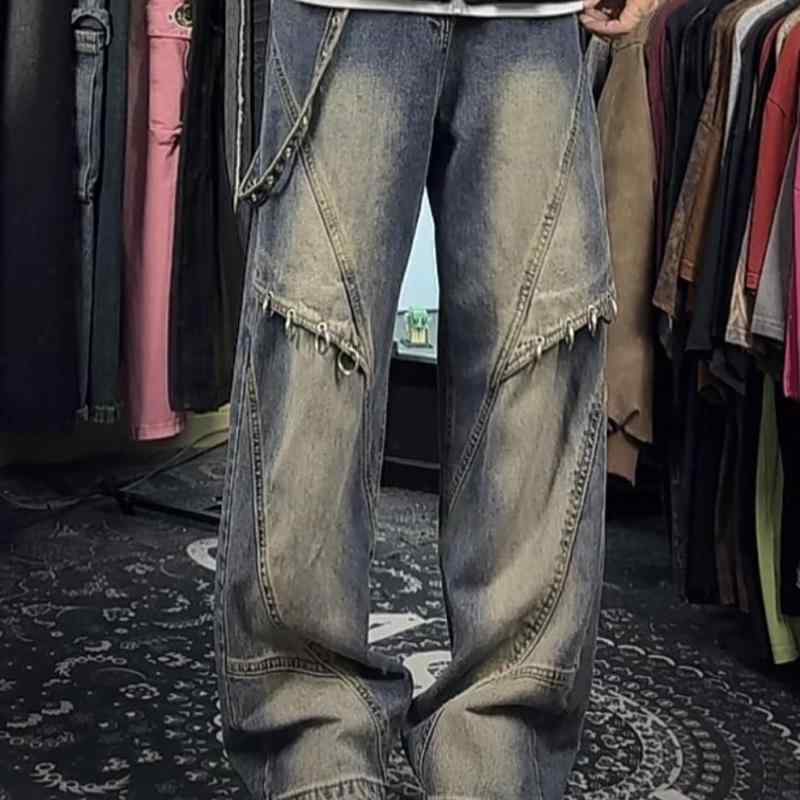 ブラック ブルー ロング ワイド ストラップ メタルリング ウォッシュド ボトムス ストリート カジュアル アメリカン 春秋 メンズ