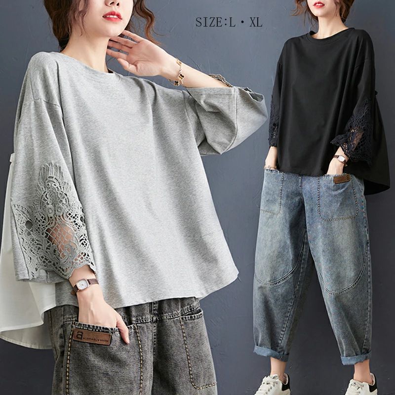 送料無料 カジュアル 春 夏 薄手 着痩せ ゆったり シンプル 黒 レース 切替 袖カバー 7分袖 レディース Tシャツ プルオーバー(4.0)