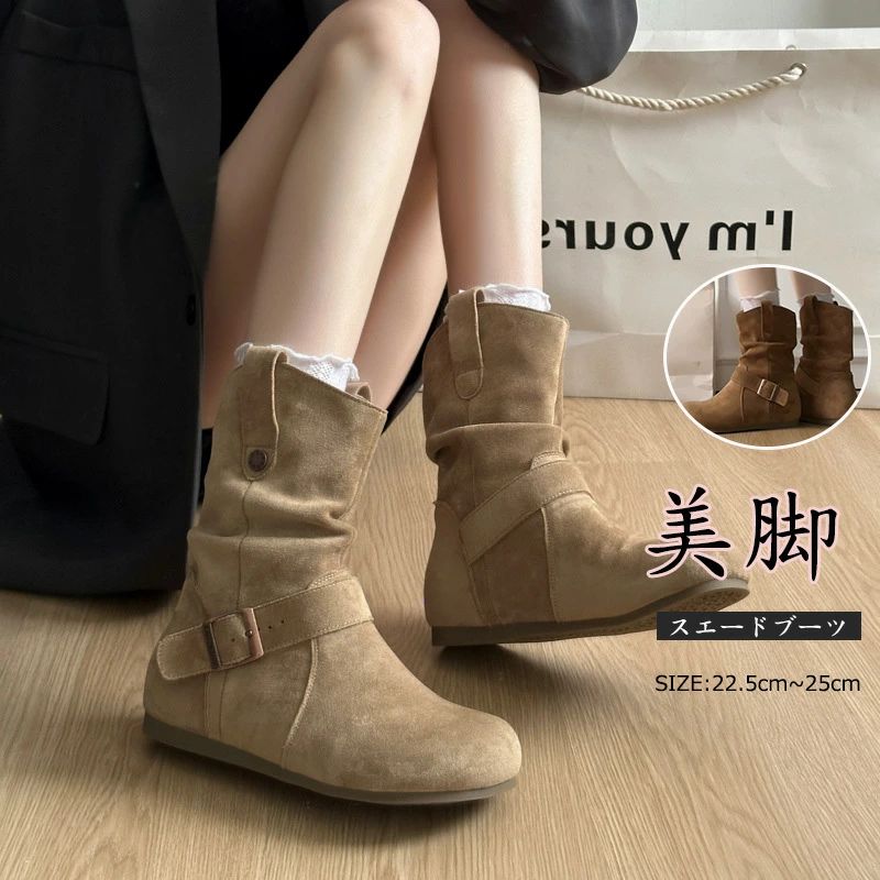 おしゃれ 歩きやすい 疲れにくい 痛くない 履きやすい 疲れない カジュアル ブーツ スエード調 ショー地ブーツ ミドル丈 ローヒ