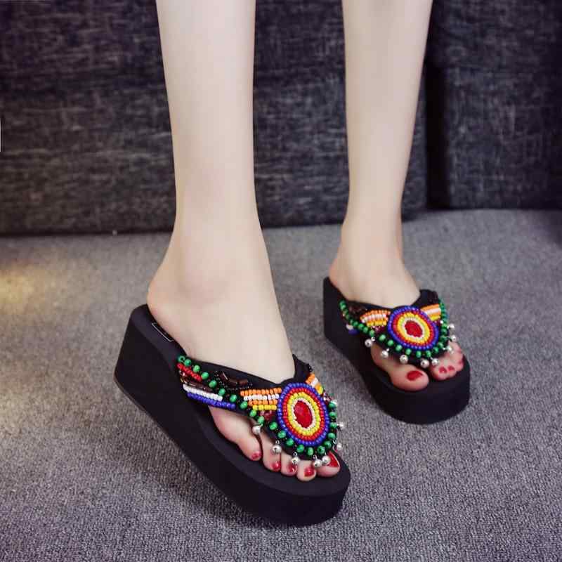 ラバーソール EVA素材 普段使い カジュアル リゾート 夏 カラフル ビーズ飾り エスニック プラットフォーム ビーチサンダル ウェ
