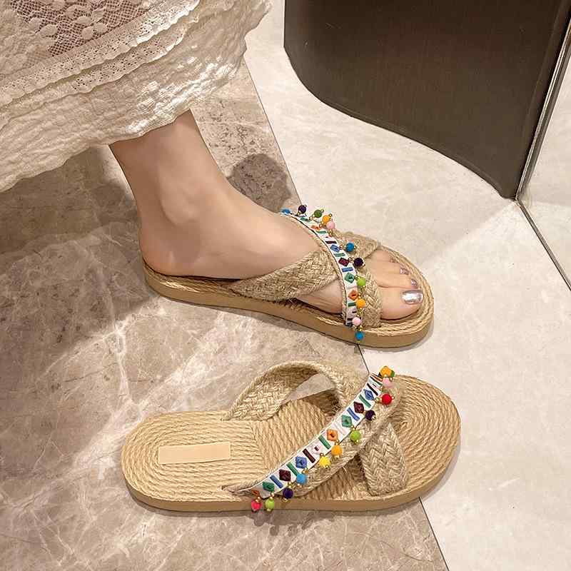 春夏 フラットソール 旅行 リゾート 普段使い 外履き 麻素材 エスニック 民族調 クロスデザイン 編み込み 手編み レディース