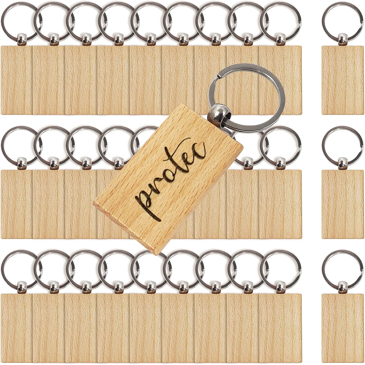 DIYクラフト用 未完成の木製キーホルダーブランクペンダント スプリットリング付き 彫刻ブランク 長方形木製キーホルダー バルク