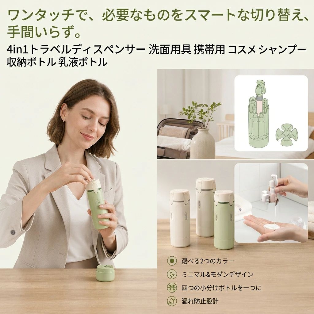 商品名：4in1 トラベルボトル（詰め替え容器セット）カラー：グリーン（緑）、ホワイト（白）サイズ：高さ約16.5cm × 直径約5.5cm（パッケージサイズ：17.3×6.5×6.5cm）重量：約190g材質：ABS、PET（環境保護材質）容量：1本あたり30ml × 4本パッケージ：専用カラーボックス利用シーン：旅行、出張、ジム、プール、温泉、キャンプ、アウトドアおすすめの方：荷物を減らしたい方、ミニマリスト、よく旅行や出張に行かれる方、スキンケアにこだわる方 【1本に4つのボトルを収納するスマート設計】化粧水、乳液、シャンプー、ボディソープなど、お出かけに欠かせない4種類の液体を1つのコンパクトなケースにまとめて収納できる画期的な4in1トラベルボトルです。これまでポーチの中でかさばっていた複数のスキンケア用品やバス用品をスマートに持ち運べるため、荷物を最小限に抑えたい旅行や出張、ジム通いなどに最適なアイテムです。 【液漏れを徹底的に防ぐ安心の折りたたみポンプ】移動中の振動や気圧の変化による液漏れを防ぐため、ボトルの注ぎ口にはスクリューキャップを採用し、さらにプッシュ部分が折りたためる特殊なポンプ設計を施しました。使用しない時はポンプをパタンと畳んでケースに収納できるため、スーツケースやバッグの中で誤って押されてしまう心配がなく、安心して持ち運ぶことができます。 【残量が一目でわかる便利なメモリ付きクリアボトル】内部の4つの小分けボトル（各30ml）は透明度の高いPET素材を使用しており、中身の液体がはっきりと見えます。さらに、5mlから30mlまで5ml刻みで正確なメモリが印字されているため、旅行の日数に合わせて必要な量だけを無駄なく詰め替えることができ、使用中の残量確認も一目で簡単に行える親切設計です。 【スムーズな押し心地と詰め替えやすさを追求】人間工学に基づいた押しやすいポンプ設計により、力を入れなくても適量の液体がスムーズに出てくるため、ストレスフリーな使い心地を実現しています。また、詰め替え作業も非常に簡単で、ケースの上蓋を外し、ボトルを取り出して液体を注ぎ、再びケースに戻して底を回してロックするだけのシンプルな4ステップで完了します。 【環境に優しく耐久性に優れた高品質素材】本体と内側のボトルには、耐久性が高く軽量なABS樹脂とPET素材を採用しています。落としても割れにくく、何度でも洗って繰り返し使用できるため、環境にもお財布にも優しいエコな商品です。シンプルで洗練されたホワイトとグリーンの2色展開で、男女問わず使いやすいデザインは、ご家族やご友人への実用的なプレゼントとしても大変喜ばれます。
