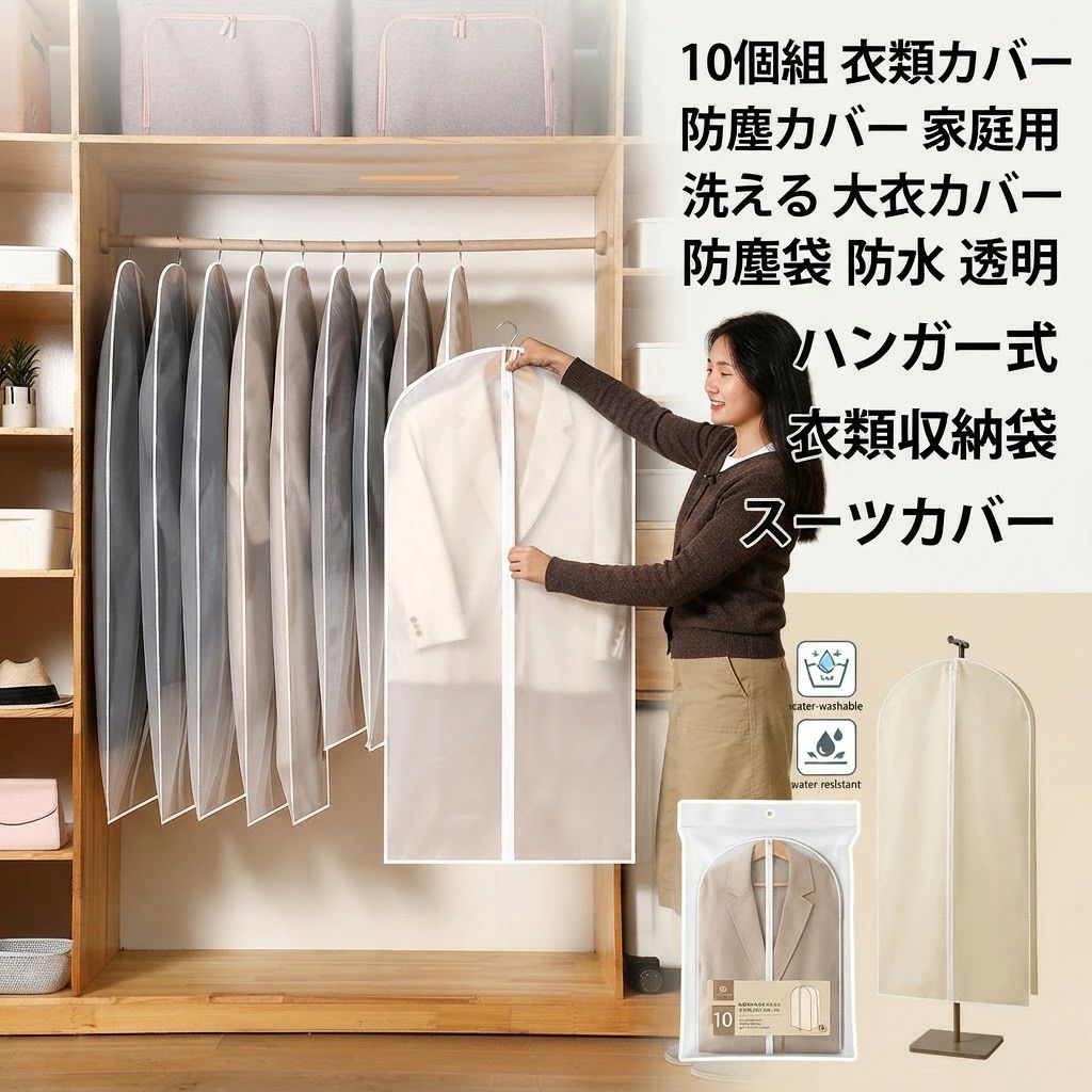【送料無料】 衣類カバー 10枚セット 洋服カバー 半透明 EVA素材 55g 厚手 防塵 防湿 防虫 防水 洗える 繰り返し使える クローゼット収納 吊り下げ スーツカバー コート ワンピース 型崩れ防止 省スペース 衣替え 整理整頓 家庭用 新生活 一人暮らし おすすめ