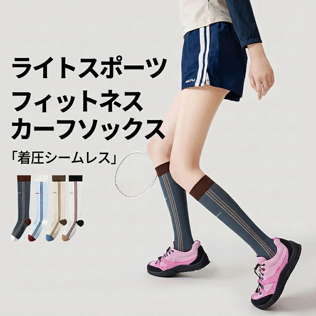 品名：スポーツニーハイソックス対象： &nbsp; &nbsp; &nbsp; &nbsp;女性（フリーサイズ）適用シーン： &nbsp; &nbsp; &nbsp; &nbsp;ランニング / フィットネス / ハイキング / サイクリング / 球技洗濯方法：30以下で手洗い推奨シーズン &nbsp; &nbsp; &nbsp; &nbsp;：オールシーズンカラー：グレー / ブルー / クリームイエロー / ホワイトセット： &nbsp;2足入り1. 段階着圧でふくらはぎをサポート人体工学に基づいた段階圧力設計で、足首からふくらはぎまでしっかりフィット。運動中の筋肉のブレを抑え、ランニング、縄跳び、ヨガ、ジムトレーニング、ウォーキングなどを快適にサポートします。2. 吸汗速乾＆メッシュ通気でムレにくい細かなメッシュ構造により通気性を高め、汗をかいてもムレにくい仕様。吸汗速乾性に優れ、夏場の運動や中高強度トレーニングでもさらっとした履き心地をキープします。3. 足裏パイルで防滑衝撃吸収足底にはパイル生地を採用し、クッション性と摩擦力をアップ。運動時の衝撃をやわらげ、シューズ内で足が滑りにくく、ランニングや球技、フィットネス時の安定感を高めます。4. 高弾力でズレにくく美脚見え全体に伸縮性のある素材を使用し、脚に心地よくフィット。高弾力の履き口は締め付けすぎず、運動中もズレ落ちにくい設計です。すっきりとしたシルエットで、スポーツコーデにも映えます。5. 快適な細部設計で長時間も安心つま先は無感縫製風で、ごろつきや擦れを軽減。かかとは補強設計で耐久性を高めています。アーチ部分の圧力サポート、通気メッシュ、安定した包み込み感により、四季を通して快適に使えます。品名：スポーツニーハイソックス対象： &nbsp; &nbsp; &nbsp; &nbsp;女性（フリーサイズ）適用シーン： &nbsp; &nbsp; &nbsp; &nbsp;ランニング / フィットネス / ハイキング / サイクリング / 球技洗濯方法：30以下で手洗い推奨シーズン &nbsp; &nbsp; &nbsp; &nbsp;：オールシーズンカラー：グレー / ブルー / クリームイエロー / ホワイトセット： &nbsp;2足入り1. 段階着圧でふくらはぎをサポート人体工学に基づいた段階圧力設計で、足首からふくらはぎまでしっかりフィット。運動中の筋肉のブレを抑え、ランニング、縄跳び、ヨガ、ジムトレーニング、ウォーキングなどを快適にサポートします。2. 吸汗速乾＆メッシュ通気でムレにくい細かなメッシュ構造により通気性を高め、汗をかいてもムレにくい仕様。吸汗速乾性に優れ、夏場の運動や中高強度トレーニングでもさらっとした履き心地をキープします。3. 足裏パイルで防滑衝撃吸収足底にはパイル生地を採用し、クッション性と摩擦力をアップ。運動時の衝撃をやわらげ、シューズ内で足が滑りにくく、ランニングや球技、フィットネス時の安定感を高めます。4. 高弾力でズレにくく美脚見え全体に伸縮性のある素材を使用し、脚に心地よくフィット。高弾力の履き口は締め付けすぎず、運動中もズレ落ちにくい設計です。すっきりとしたシルエットで、スポーツコーデにも映えます。5. 快適な細部設計で長時間も安心つま先は無感縫製風で、ごろつきや擦れを軽減。かかとは補強設計で耐久性を高めています。アーチ部分の圧力サポート、通気メッシュ、安定した包み込み感により、四季を通して快適に使えます。