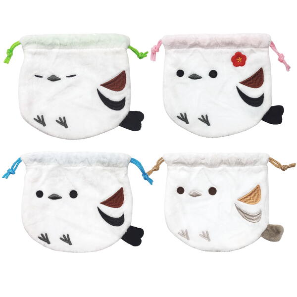 ふくふく シマエナガ ふわふわ ミニ 巾着 4柄 各1枚セット 鳥 ぬいぐるみ 白い かわいい