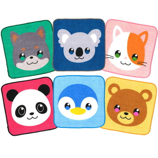 アニマル 顔柄 ミニ タオル ハンカチ 6柄 各1枚セット