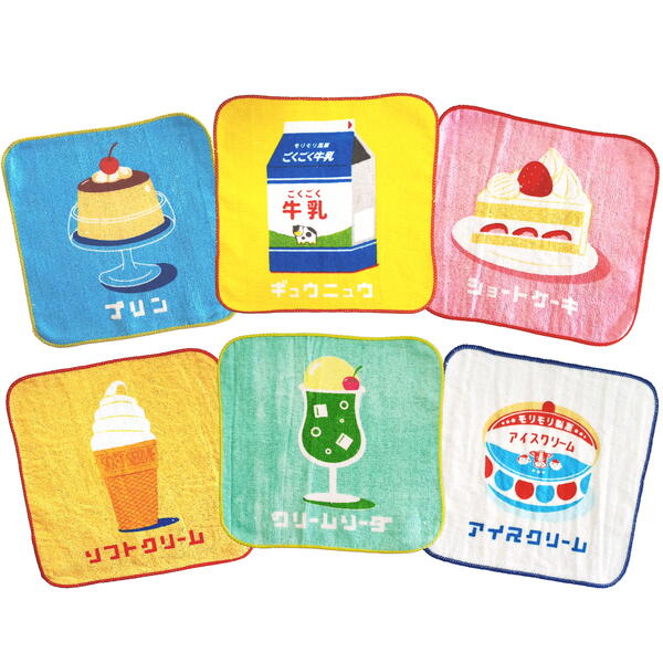 レトロ 喫茶 ミニ タオル ハンカチ 6柄 各1枚セット クリームソーダ ショートケーキ プリン ソフトクリーム アイスクリーム 牛乳