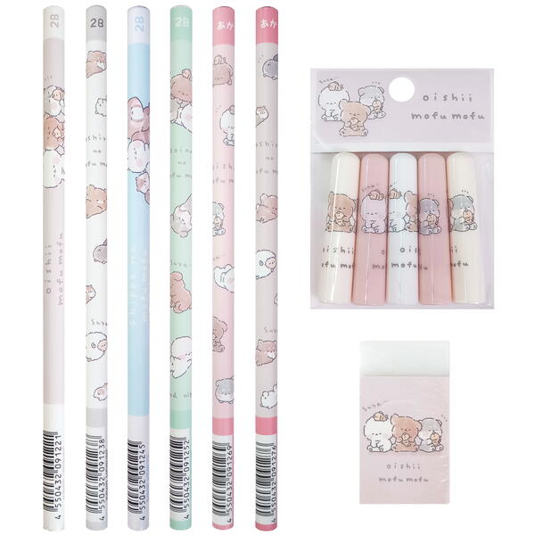 おいしい もふもふ 2B 丸軸 鉛筆 4本 赤鉛筆 2本 消しゴム 1個 鉛筆キャップ(5本組) 1個 セット
