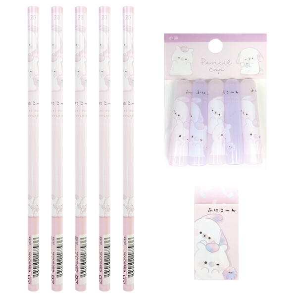 ふにこ〜ん ひょっこり 2B 丸軸 鉛筆 5本 消しゴム 1個 鉛筆キャップ1個 セット ユニコーン イヌ ゆるかわ ふにふに もっちり
