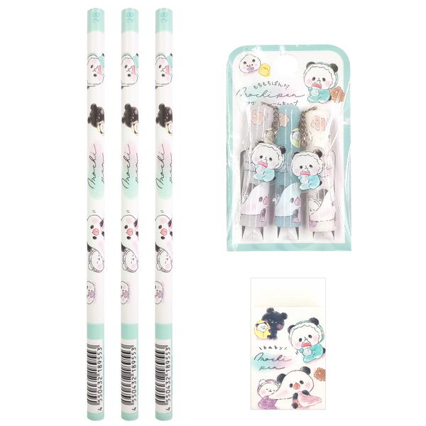 もちもちぱんだ BABY 2B 丸軸 鉛筆 3本 消しゴム 1個 アクリルチャーム付き 鉛筆キャップ(3本組) 1個 ..
