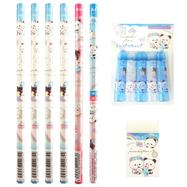 もちもちぱんだ 新学期 A 2B 六角軸 鉛筆 4本 丸軸 赤鉛筆 1本 六角軸 赤青鉛筆1本 消しゴム 1個 鉛筆キャップ(5本組) 1個 セット もちぱん ...