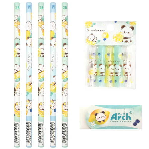 もちもちぱんだ レモン 2B 丸軸 鉛筆 5本 消しゴム 1個 鉛筆キャップ(5本組) 1個 もちぱん パンダ