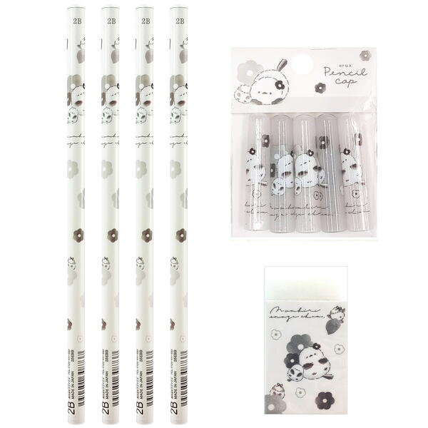 のんびりえながちゃん フラワー シマエナガ 2B 丸軸 鉛筆 4本 消しゴム 1個 鉛筆キャップ(5本組) 1個