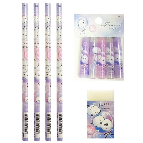 カワイイトリ リトルコットンズ シマエナガ 単品 2B丸軸鉛筆4本 消しゴム1個 鉛筆キャップ(5本組) 1個