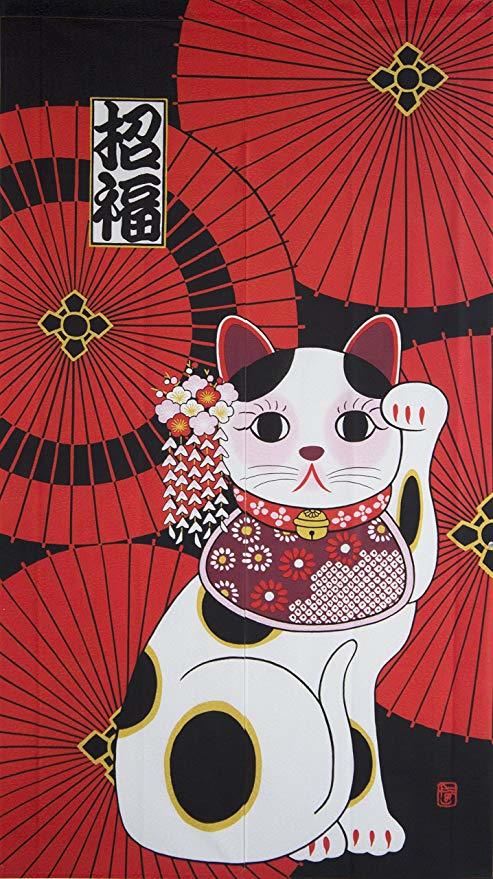 送料無料　創作のれんシリーズ 招福 番傘 招き猫 赤色 のれん W850×H1500 ネコ 開運 幸運 幸せ 赤 リビ..