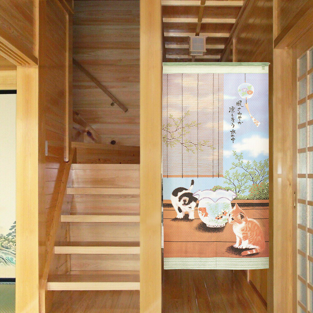 のれん 暖簾 タペストリー　 85×170cm「夏ネコボーダー」レース【日本製】 170cm丈...