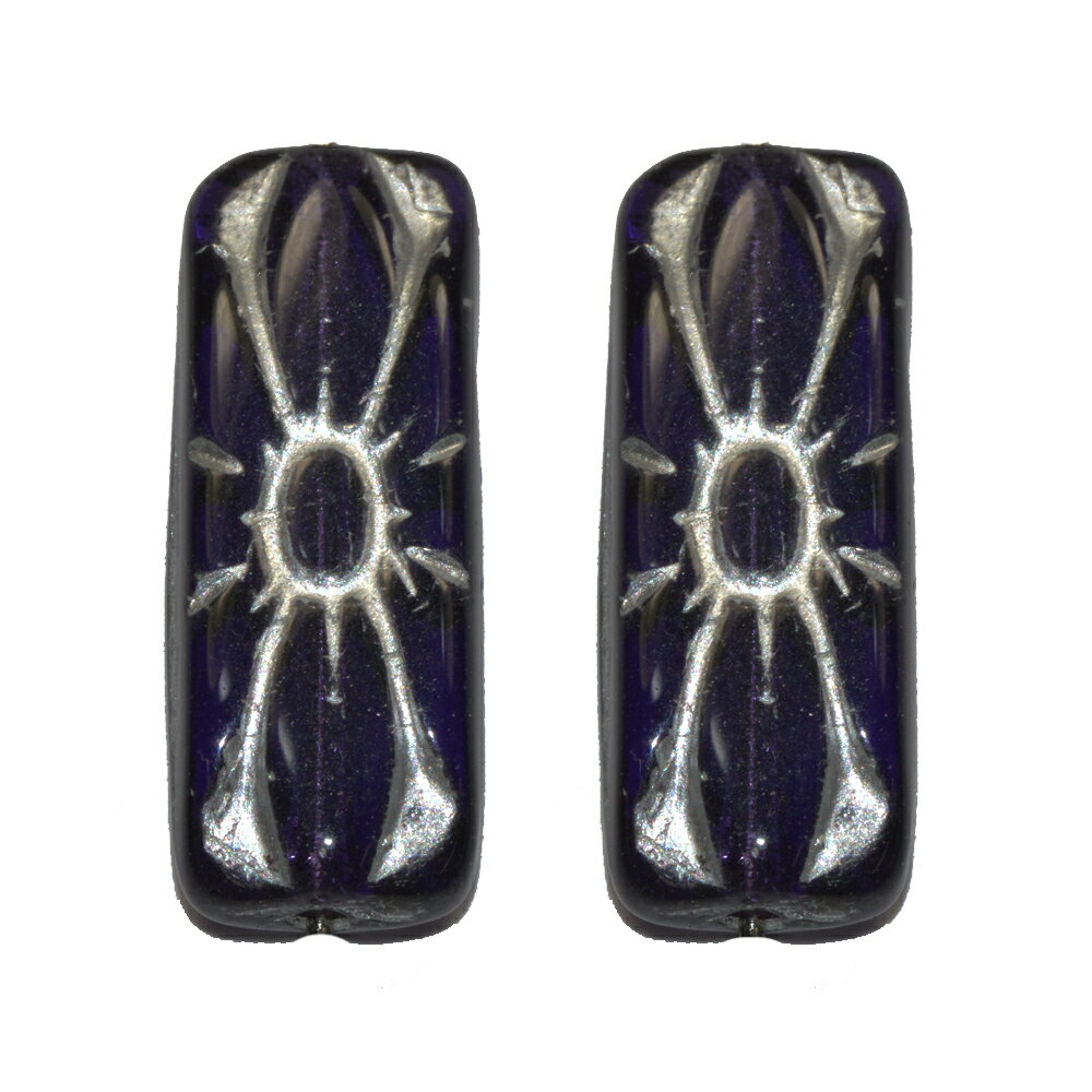 チェコビーズ レクタングルフラワー 20×8mm ダークタンザナイト シルバーインレー