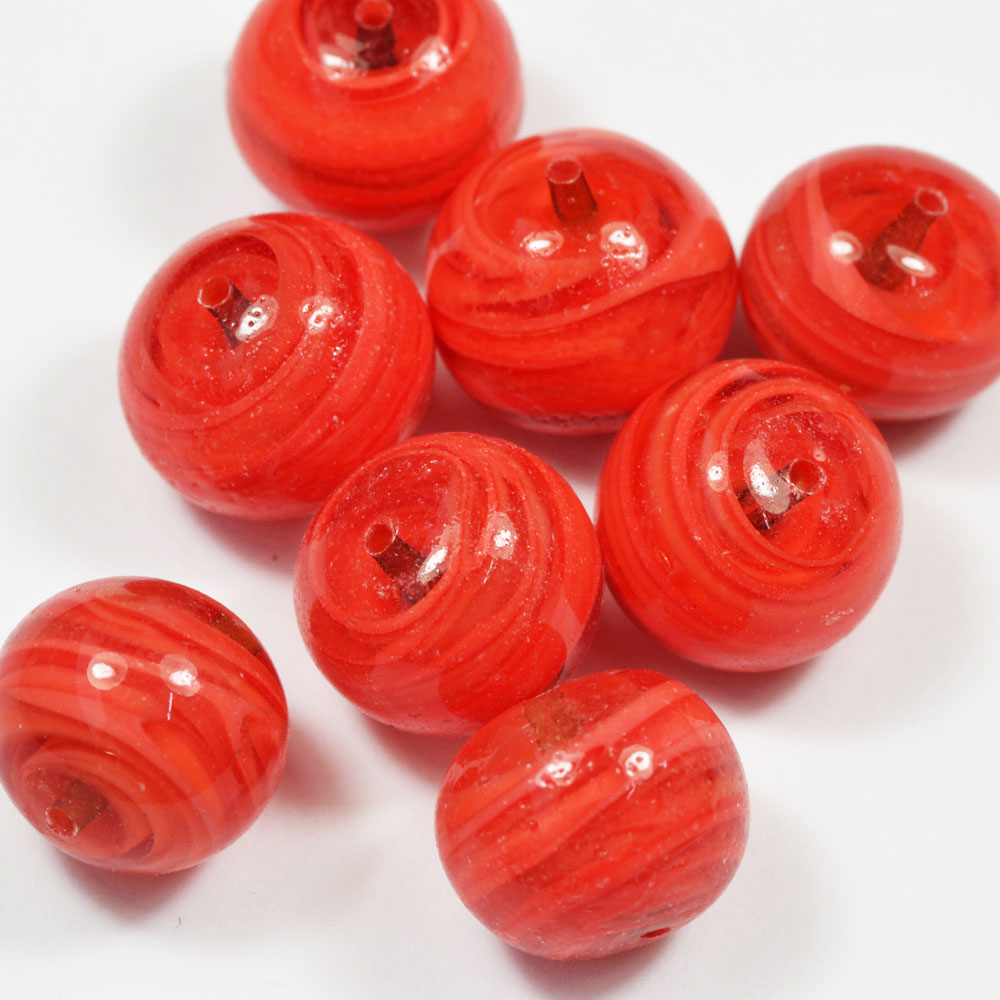 ベネチアンビーズ ラウンド 12mm ライトレッド ホワイトストライプ BS0155