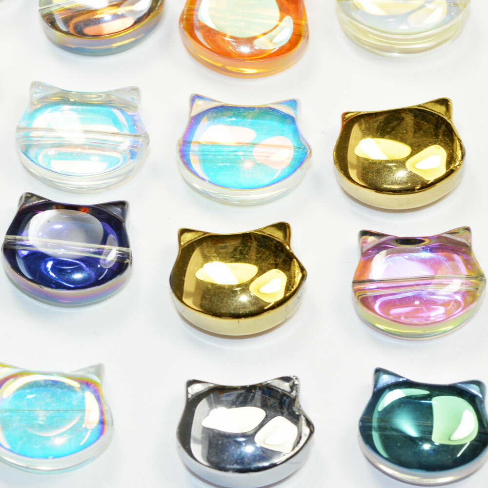 乐天商城 - 猫の顔 頭 ガラスビーズ よこ穴 10×8mm ミックスオーロラカラー 3コ入り CT026