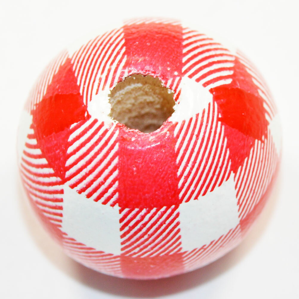 乐天商城 - 大きなウッドビーズ 木製 約15×16mm 丸型 チェック柄 ホワイトとピンク 2コ入り CT039