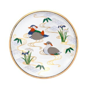 アデリア 吉祥花鳥 鴛鴦と菖蒲 丸皿 6845 【オシドリ 日本製 食器 絵皿 ガラス食器 化粧箱入 石塚硝子 おしゃれ 和風 贈答 ギフト】