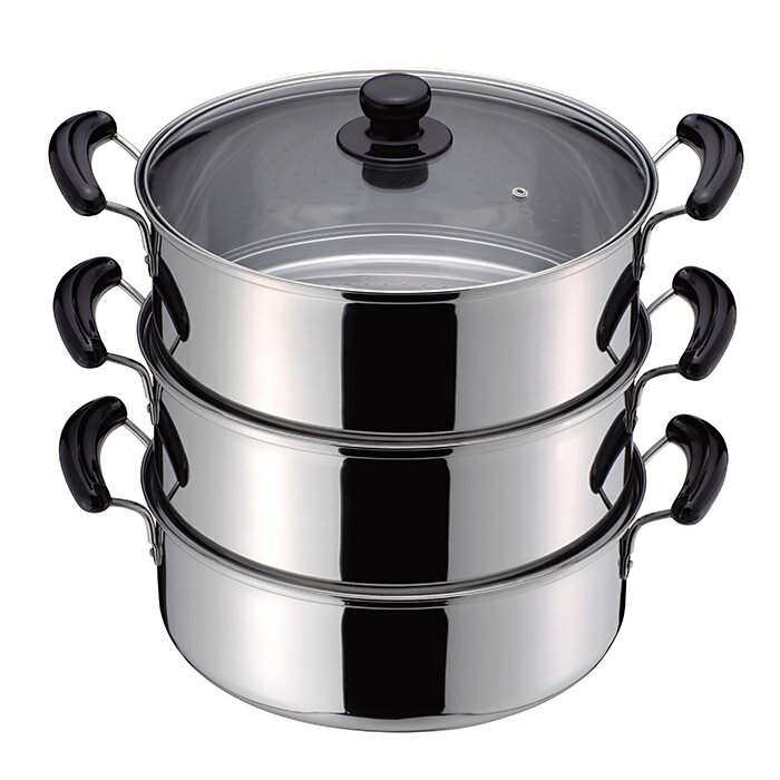 パール金属 H-4693 だんらん ステンレス製ガラス蓋付3段蒸し器30cm(目皿付)