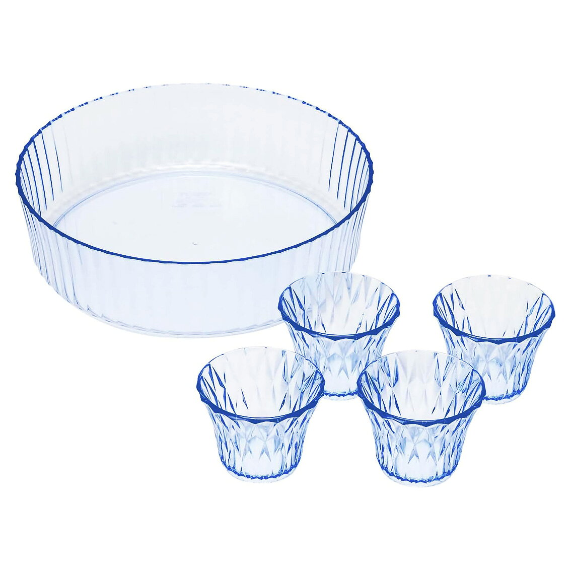 ■軽くて割れにくいプラスチック制の器 ■そうめん盛鉢・つゆ鉢4個セット ■日本製 ●サイズ 盛鉢：外径30×高さ8.5cm つゆ鉢：外径9.5×高さ7.5cm(1個あたり) ●重量：(約)0.689kg ●材質：AS樹脂(耐熱温度80度、耐冷温度-20度) ●生産国：日本