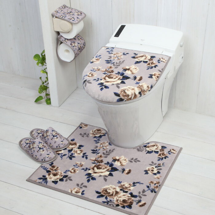 ヨコズナ ピースローズ 兼用フタカバー グレー 【トイレファブリック トイレタリー 薔薇 花柄 普通便座..
