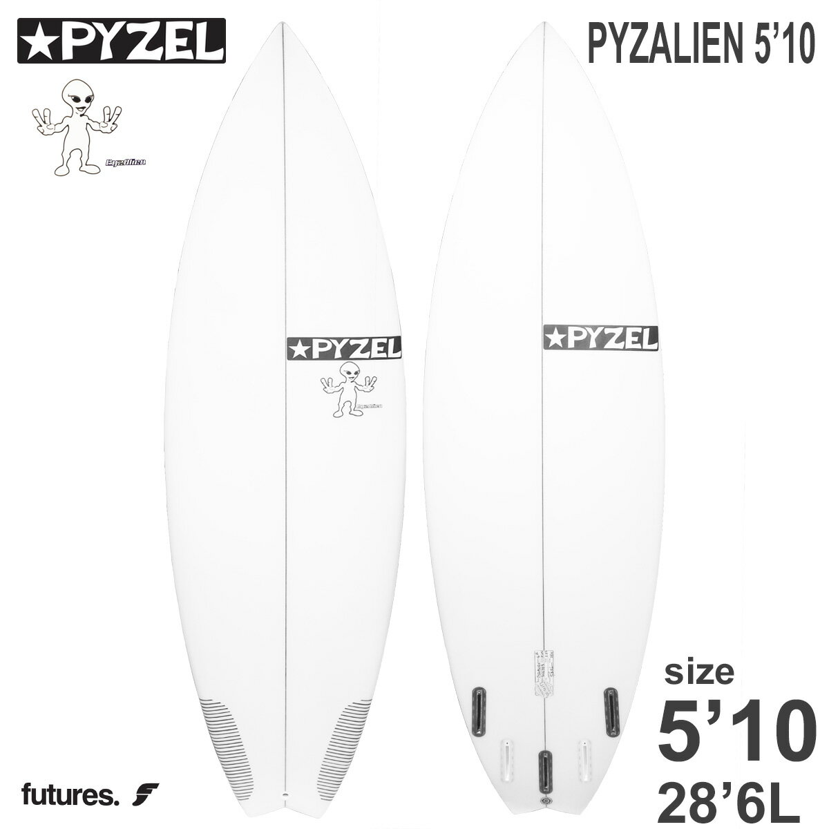 【PYZEL SURFBOARDS PYZALIEN】 今までで最も愛されているデザインの一つです。技術的にはStubbieだが、このボードはあらゆるハイパフォーマンスショートボードの代わりをすることができる。 ノーズから前足にかけてはシングルコンケーブ、テールにかけてはダブルコンケーブとVEEになっている。 このコンボがテイクオフからの素早いスピードと優れた反応性をもたらしている。アウトラインはノーズが太くテールが広いため、 ボードのスピードを保ちつつ、コントロール性を高め、高速でのレールからレールへのトランジションが容易になります。 フラットデッキとフルレールでボリュームがあるので、ショートボードより1/8インチ薄く、 3-4インチ短く、1/4から1/2インチ広くオーダーすると良いだろう。きっと気に入ることでしょう。 【SIZE】 Length:5'10(177.8cm)×Width:19.25(48.9cm)×Thickness:2.25(5.7cm)×Volume:28.6L 【SPEC】 テール：ラウンドスカッシュテール レール：フルレール 素材：PU フィン：FUTURE 5FIN ※フィンは付属しておりません。 【PYZEL SURFBOARDS】 1998年パイゼルサーフボード設立以来、ブランド理念の"We Love Surfboards"zのもと、 パイゼルサーフボードジャパンは17年間共に歩んできました。 シェーパーのジョン・パイゼルはアメリカメインランドCA/サンタバーバラの出身で 幼少から青年期は世界でもトップクオリティーなライトブレイクポイントのリンコンや 周辺のビーチブレイクでトムカレン全盛期時代サーフィンに明け暮れる日々を過ごしました。 1992年に温かく良い波を求めてサーフィンの聖地ハワイ・ノースショアーに拠点を移し 1993年にボードグラシングを始めた後1996年から本格的にシェープをスタートし以降、 常に革新的なデザインにチャレンジしライダーの意見を最優先に自身もテストを重ね パイゼルのボードビルド理念で最も重要なスピード性、安定性、パフォーマンス性を追求しクオリティーの向上を目指してきました。 ※デザイン、仕様は変更となる場合がございます。 掲載商品の色は、できる限り現品と同じになるよう努めておりますが、ご使用のパソコン環境により多少色合いが異なる場合がございます。著しい色の相違は御座いませんのでご安心ください。 ※基本的に西濃運輸営業所止めの送料無料発送となります。 （沖縄、北海道及びその他離島等一部地域への発送は追加料金が発生します） ※代引き発送は不可となります。 ※プルダウンにて西濃運輸営業所止めか自宅配送（追加料金）を選択下さい （営業所止めの場合、西濃運輸管轄内の最寄り営業所へ発送させて頂く形となります。 西濃運輸の最寄りの管轄の営業所は西濃運輸ホームページでご確認ください。） 配送センターの規模等により、ご指定頂けない営業所もございますので予めご了承お願い致します。 ※サーフボードは大型配送となる為、着日、時間指定共に不可となります。 又、日曜、祝日、大型連休等、西濃運輸の休日の際は休日明けの発送となります。 ※土曜日は午前中発送のみ受け付けとなり、午前9時までに決済完了分のみ発送となります。 又、発送後の荷物の配送状況に関しましては配送業者までお問い合わせ下さい。 ※自宅配送等の追加料金に関しましては当店の方で金額修正させて頂く形となります。 ※海外生産品の為、多少の傷や汚れなどが極まれにある場合がございますが、メーカー検品済の商品となります為ご使用には問題ございません。 ※サーフボードの返品・交換は不可となりますのでご了承下さい。 ※また、初期不良を含む交換や返品の場合でもお客様で西濃運輸の最寄りセンターまでボードの持ち込みが必要なりますので予めご了承の程よろしくお願い致します。