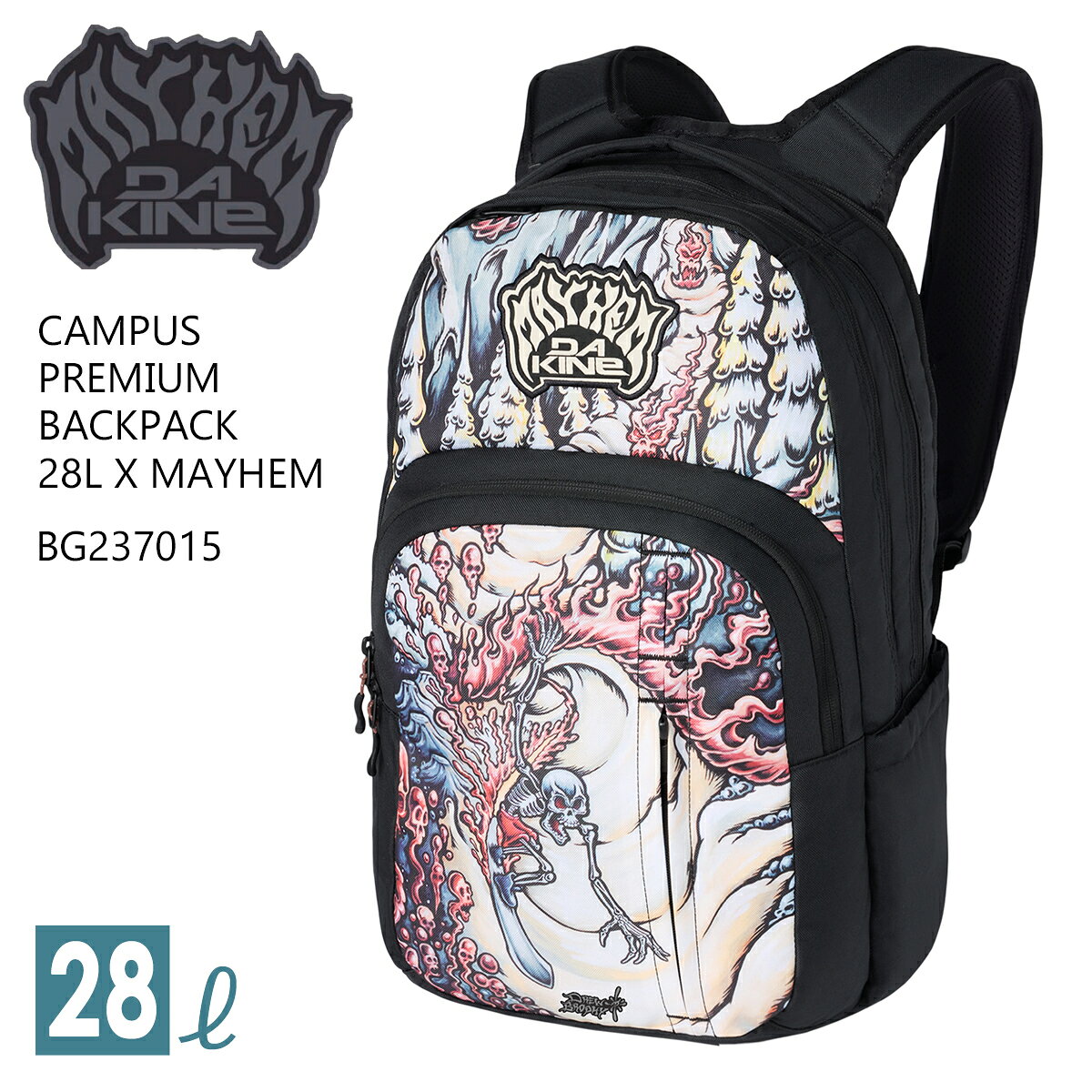 CAMPUS PREMIUM BACKPACK 28L X MAYHEM ・人間工学に基づき設計されたバックパネル ・通気性のあるエアメッシュ付きショルダーストラップ ・バックパネルに隠しポケット ・調節可能な胸部ストラップ ・独立したパッド入りのノートパソコン用コンパートメント、フリースの裏地付きタブレットスリーブ ・オーガナイザーポケット ・フリースの裏地付きサングラスポケット ・外側にジッパー付きクイックアクセスポケット ・外装ウェビングの詳細 ・拡張可能なウォーターポケット ・パッド入りボトムパネル ・信頼のYKKジップ ■ 商品詳細 ■ 【品番】BG237015 ■容量：28L ■公式サイズ：49 x 33 x 20cm ■カラー：MAM(ブラック) ※クレジットカード/銀行振り込みなど、15時までに決済完了の場合は即日発送！(※15時以降の決済確認は翌日以降ご入金確認後の発送） 〇デザイン等、予告なしに変更となる場合があります。ご了承ください。 〇掲載商品の色は、できる限り現品と同じになるよう努めておりますが、ご使用のパソコン環境により多少色合いが異なる場合がございます。著しい色の相違は御座いませんのでご安心ください。 〇メーカー公式サイトから抜粋している画像等をそのまま使用している場合は、撮影方法や明るさにより実際商品と色味が異なる場合がございますが予めご了承ください。 〇商品ページに記載のカラー表記ですが、カタログやJANコード作成時などにメーカーで割り当てたカラー表示となり実際の商品と色味が異なる場合がございますが予めご了承下さい。 〇また柄物商品の場合などは、商品により柄の位置や入り方に個体差が生じてしまいます。商品ページの写真とイメージが異なる場合がございますが予めご了承下さい。 〇お急ぎのお客様は、ご確認していただく事をお勧め致します。 メーカー希望小売価格はメーカーサイトに基づいて掲載しています