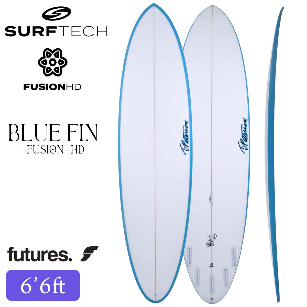 【SURFTECH】 サーフテックは1989年、新たな技術と流通方法を活用してシェイパーとサーファーを結びつけたいという思いから誕生しました。 世界最高のシェイパーたちとのこの独自の関係により、サーフテックは常に、あらゆるレベルのサーファーが世界中でパフォーマンス向上ボードを利用できるようにしてきました。 私たちは、技術進歩を活用してシェイパーとサーファーのつながりを探求し、確立し、受け入れることを初めて実現した企業です。 サーフ業界に永遠の変革をもたらしたタフライトを発表してから30年、今もなお私たちは世界中のウォーターマンのために先導し続けています。 【BLUE FIN】 「ブルーフィン」モデルをご紹介します。 これは、6’6”から7’10”までのショート〜ミッドレングスサイズで真価を発揮するように設計された、汎用性の高いサーフボードです。 従来のショートボードよりもやや長く、ボリュームのあるボードをお探しの方に最適です。 より多くの波をキャッチし、パドルアウトしたその瞬間からその違いを実感してください。「ブルーフィン」は、フルレール構造により、デッキ部分にたっぷりのフォームが確保されています。 この豊富なボリュームにより、波をキャッチしやすくなり、乗り始めから明らかなアドバンテージをもたらします。 ノーズは微妙に絞り込まれていますが、急勾配のセクションや波のホロウな部分を通過するのに十分な幅を確保しています。 テールは中程度の幅を維持し、バランスの取れた乗り心地を提供します。 しかし、その幅に惑わされないでください。 テールロッカーの反りにより、ドライブ感、反応性、そして操作性を兼ね備えたパワフルなターンが可能になります。 ボードのボトムに沿ってシングルからダブルコンケーブが施された「ブルーフィン」は、驚異的なスピードを生み出します。 ブルーフィンは非常に汎用性が高く、波の小さい日には楽にクルージングできるユーザーフレンドリーなボードである一方、コンディションが良い日にはハイパフォーマンスなレール・トゥ・レールのサーフィンを楽しむ自由も提供します。 パフォーマンス志向のマニューバーのスリルを損なうことなく、より多くの波をキャッチしたいと願うサーファーのニーズに真に応えるボードです。 【FUSION-HD CONSTRUCTION】 1. Fused Cell EPS Core // 独立気泡構造のEPSコアにより、反応性と浮力を向上 2. Clear HD-Epoxy Resin // 高い熱的・機械的性能を備えたエポキシ樹脂システム 3. High Quality E-Glass Fiberglass // Eグラスは、現在入手可能な素材の中で最高の強度対重量比を誇る 4. Full Biax Deck Patch (45° / -45°) // バイアックス・ファイバーグラスがパワーを分散させ、キズから保護します 5. UD Carbon Stringer or Wood Stringer // パワーを分散させ、ポップ感を高め、破断強度を向上させます 6. FCS II or FUTURES Fin Boxes // フィンの取り付け・取り外しはわずか数秒で完了します 7. Hand-Finished // 機械成形、手作業によるラミネート、そして手作業による仕上げ 【SPEC】 サイズ：6'6” x 21.25” x 2.63” - 40.11L(198.12cm×53.97cm×6.68cm) ※サイズ・ボリューム表記はあくまで参考値になります。仕上がりによってサイズが微妙に変わります。 テクノロジー：FUSION HD(EPS) フィンシステム：Futures コラボレーション：TIMMY PATTERSON ※デザイン、仕様は変更となる場合がございます。 掲載商品の色は、できる限り現品と同じになるよう努めておりますが、ご使用のパソコン環境により多少色合いが異なる場合がございます。著しい色の相違は御座いませんのでご安心ください。 ※お客様のご住所の最寄りの管轄の 【西濃運輸営業所へのお届け】となります。 （お客様のご自宅への配送は出来兼ねますので予めご了承下さい。） ※代引き発送は不可となります。 ※サーフボードは大型配送便となる為、着日、時間指定共に不可となります。 土曜、日曜、祝日、大型連休等、西濃運輸が休日の際は休日明けの発送となります。 ※海外生産品の為、多少の傷や汚れなどが極まれにある場合がございますが、メーカー検品済の商品となります為ご使用には問題ございません。 ※サーフボードの返品・交換は不可となりますのでご了承の上、ご購入下さい。 ※また、初期不良を含む返品・交換の場合でもお客様で西濃運輸の最寄り営業所までボードの持ち込みが必要なりますので、予めご了承の程よろしくお願い致します。 ※西濃運輸営業所止めの送料無料発送となります。 ※沖縄、北海道、九州など一部地域への発送は追加料金が発生します ※離島への発送は基本的に不可となります。 （最寄りの本島 西濃運輸支店止めとなります。） ※営業所止めの場合、西濃運輸管轄内の最寄り営業所へ発送させて頂く形となります。 西濃運輸の最寄りの管轄の営業所は西濃運輸ホームページでご確認ください。 配送センターの規模等により、ご指定頂けない営業所もございますので予めご了承お願い致します。 ※営業所止めの場合、必ず営業所内で梱包を開封しサーフボードの検品をお願い致します。 営業所からお持ち帰り後に損傷などの報告は保証対象外となりますのでご了承下さい。 ※こちらの商品は他の商品と異なり別倉庫より出荷となり、ご注文から発送までにお時間を頂戴致します。 ※朝9時までのご注文(入金確定)で、翌日出荷が最短となります。 翌日が土曜、日曜、祝日や大型連休の場合は休日明けの発送となります。