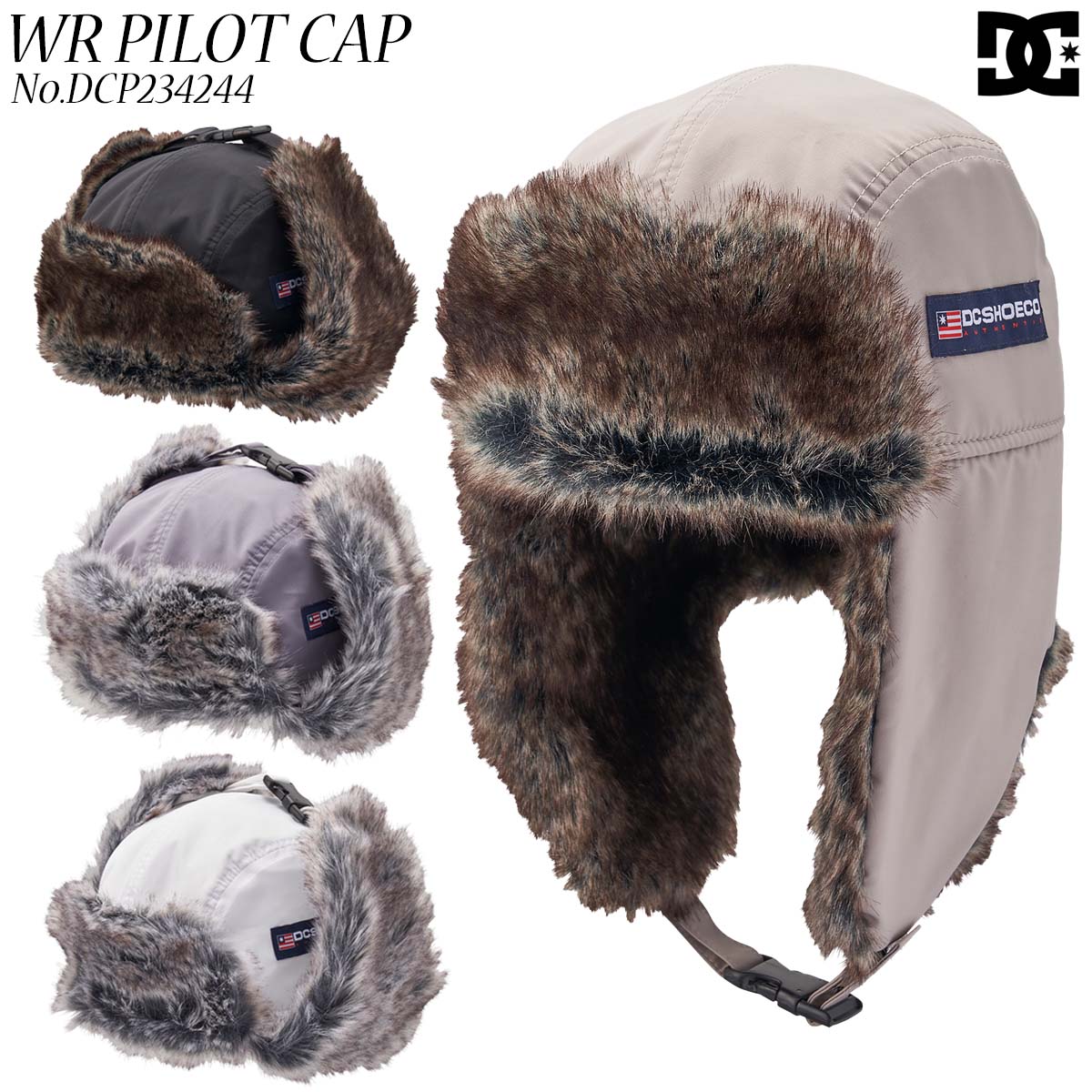 DC ディーシー フライトキャップ WR PILOT CAP サイドにクラシカルなフラッグロゴラベルをあしらったパイロットキャップ。 表地には撥水性のあるポリエステル素材、裏地には保温性に優れたフリース素材を使用。 内側にファーを施したイヤーフラップは、下ろしたり上部で止めたりとシーンに合わせた使い分けが楽しめます。 ストラップバックでサイズ調整が可能。 ファッション性と実用性を兼ね備えたアイテムです。 ■ 商品詳細 ■ 【品番】DCP234244 ■カラー： BLK(ブラック) WHT(ホワイト) BEG(ベージュ) GRY(グレー) ■サイズ： F ※こちらの商品は小型宅配便での発送となります。 ※クレジットカード/銀行振り込みなど、15時までに決済完了の場合は即日発送！(※15時以降の決済確認は翌日以降ご入金確認後の発送） ○デザイン、仕様、価格等、予告なしに変更となる場合があります。ご了承ください。 ○掲載商品の色は、できる限り現品と同じになるよう努めておりますが、ご使用のパソコン環境により多少色合いが異なる場合がございます。著しい色の相違は御座いませんのでご安心ください。 ○お急ぎのお客様は、ご確認していただく事をお勧め致します。 メーカー希望小売価格はメーカーサイトに基づいて掲載しています