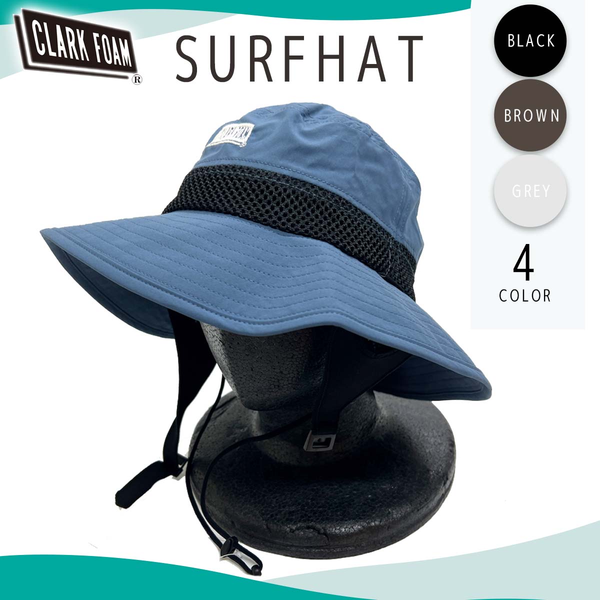 CLARK FORM サーフハットSURFHAT ・日焼け防止用 ・あご紐＆ストラップ構造 ・耳部分メッシュストラップ ・ハットの内側に耳部分メッシュストラップの収納可能 ■ 商品詳細 ■ ■カラー： BLACK(ブラック) BROWN(ブラウン) BLUE(ブルー) GRAY(グレー) ■サイズ： F ※クレジットカード/銀行振り込み/楽天(etc)決済など、15時までに決済完了の場合は即日発送！(※15時以降の決済確認は翌日以降ご入金確認後の発送） オーシャン スポーツメール便【ロケット便】 代引き決済はご利用頂けません。※代金引換え決済をご希望の場合は、小型宅配便等に対応の商品ページにてご注文下さい。 ○デザイン等、予告なしに変更となる場合があります。ご了承ください。 ○掲載商品の色は、できる限り現品と同じになるよう努めておりますが、ご使用のパソコン環境により多少色合いが異なる場合がございます。著しい色の相違は御座いませんのでご安心ください。 〇商品ページに記載のカラー表記ですが、カタログやJANコード作成時などにメーカーで割り当てたカラー表示となり実際の商品と色味が異なる場合がございますが予めご了承下さい。 〇また柄物商品の場合などは、商品により柄の位置や入り方に個体差が生じてしまいます。商品ページの写真とイメージが異なる場合がございますが予めご了承下さい。 ○お急ぎのお客様は、ご確認していただく事をお勧め致します。 ※コチラの商品はメール便（ネコポス）での発送となります。 メール便の配送はポスト投函でのお届けとなります。 手渡しでの配達や日時指定、代引きでのお支払等をご希望の場合は『小型宅配便対応』の商品ページにてご注文頂きますようにお願い致します。 メーカー希望小売価格はメーカーサイトに基づいて掲載しています