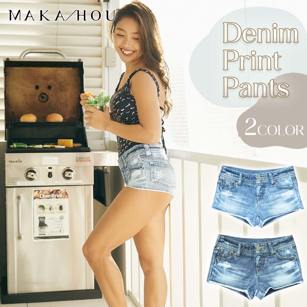 24 MAKA-HOU マカホー 水着 DENIM PRINT PANTS デニムプリントパンツ 短パン UVカット UPF50+ サーフィン マリンスポーツ レディース 2024年 品番 41W05-91S 41W05-02S 日本正規品