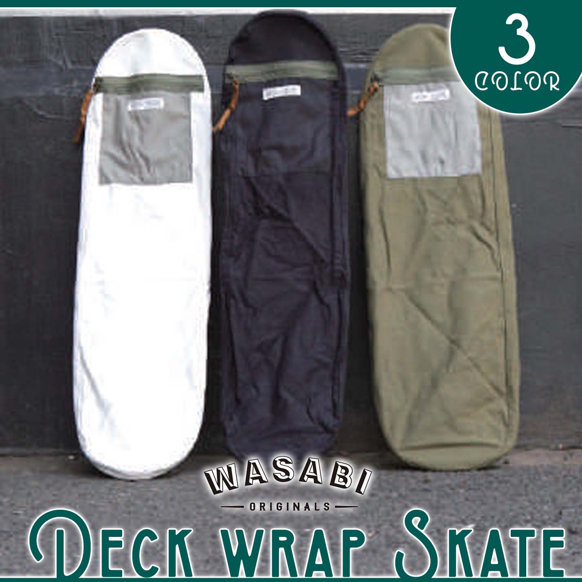 Wasabi originals スケートカバー WASABI Deck wrap Skate スタイリッシュにボードを持ち歩きたい方におすすめ！ 数秒で脱着。 簡単に、そして格好良くスケートを持ち運ぶ。 薄手の帆布素材で力強くデッキを包み込み、手持ちでも車内でも擦れずに持ち運べます。 小型ファスナーポケットが装備されてます。 折り畳めば、 小さくパックされ、収納も便利です。 ■ 商品詳細 ■ ■素材： Thin canvas cotton 100% ■カラー： Green Black White ■サイズ： ワンサイズ(約81×約21.5×約7cm) Pocket size:約16×19cm 【ご予約注文につきまして】 ご予約商品（入荷待ち商品）につきまして、メーカーより入荷次第即日発送処理を進めておりますが、 商品により納期の延滞や、品番・カラーなどで一部未入荷となる場合もございますので、予めご了承の上ご注文のほどお願い致します。 ※納期延滞によるご注文キャンセルは可能です。 ※納期の遅れや製造中止、デザイン変更が起こる可能性がございます。 予めご了承頂きますようお願い申し上げます。 またご購入時にご利用の期間限定クーポンやポイントなどの期限が過ぎている場合や、 期限切れ以外の理由でも当店よりご返還ができない場合につきましては、 当店でクーポンやポイントの保証は出来兼ねますので、予めご了承頂きますようお願い致します。 ○デザイン等、予告なしに変更となる場合があります。ご了承ください。 ○掲載商品の色は、できる限り現品と同じになるよう努めておりますが、ご使用のパソコン環境により多少色合いが異なる場合がございます。著しい色の相違は御座いませんのでご安心ください。 〇商品ページに記載のカラー表記ですが、カタログやJANコード作成時などにメーカーで割り当てたカラー表示となり実際の商品と色味が異なる場合がございますが予めご了承下さい。 〇また柄物商品の場合などは、商品により柄の位置や入り方に個体差が生じてしまいます。商品ページの写真とイメージが異なる場合がございますが予めご了承下さい。 ○お急ぎのお客様は、ご確認していただく事をお勧め致します。 メーカー希望小売価格はメーカーサイトに基づいて掲載しています