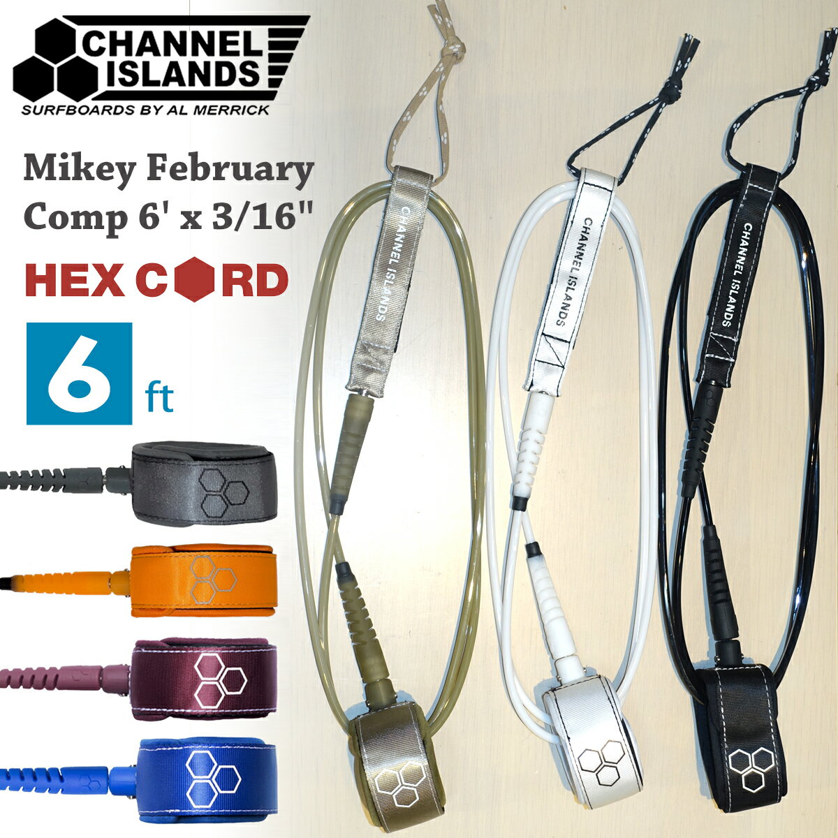 Mikey February Comp Leash 6' x 3/16" CIのサーフリーシュは、アンクルカフからレールセーバーに至るまで、すべて最高品質の厳選素材を使用し、実績ある信頼性の高い機能と組み合わせて、目的を明確に定めて設計・製造されています。 サーファーの皆様に最大限の安全性と最高の快適さを提供するため、これまでで最も充実したリーシュラインナップをご用意できたことを大変嬉しく思います。 [ Hex Cord(ヘキサ・コード) 特許取得済み#D736,331S ] 六角形のコード部分が特徴的。 抵抗を低減し、より速いスピードでのサーフィンを可能にするとともに、絡まりを最小限に抑えながら最高の強度を発揮します。 [ 特許出願中のFLEX RING(フレックス・リング) ] ほとんどのリーシュで破損しやすい箇所を保護し、補強します。 フレックスリングは、必要な時にCIリーシュが確実に機能するよう、さらなる安全性を提供します。 ■ 商品詳細 ■ ・強度と形状記憶性を絶妙に両立させた、独自のウレタン配合を採用したコード／リーシュの先端部分。 ・滑りにくいテクスチャー加工を施した薄型のアンクルカフで、動きを最小限に抑えながら最高の快適さを提供します。 ・特注の面ファスナー素材を採用し、リーシュがサーファーの足首から外れたり、風で飛ばされたりしないよう確実に固定します。 ・マリングレードの316ステンレススチール製スイベルを採用。 ■サイズ：6' x 3/16" (1.83m x 5.5mm) ■カラー： Black(ブラック) White(ホワイト) Tan(タン) MerlotOcean(バーガンディー) FutureDuck(ブルー) Granite(スモークグレー) Scout(オレンジ) ※文字が剥げているように見えますが、デザインのため不良ではございません。 ※クレジットカード/銀行振り込みなど、15時までに決済完了の場合は即日発送！(※15時以降の決済確認は翌日以降ご入金確認後の発送） 〇デザイン等、予告なしに変更となる場合があります。ご了承ください。 〇掲載商品の色は、できる限り現品と同じになるよう努めておりますが、ご使用のパソコン環境により多少色合いが異なる場合がございます。著しい色の相違は御座いませんのでご安心ください。 〇メーカー公式サイトから抜粋している画像等をそのまま使用している場合は、撮影方法や明るさにより実際商品と色味が異なる場合がございますが予めご了承ください。 〇商品ページに記載のカラー表記ですが、カタログやJANコード作成時などにメーカーで割り当てたカラー表示となり実際の商品と色味が異なる場合がございますが予めご了承下さい。 〇また柄物商品の場合などは、商品により柄の位置や入り方に個体差が生じてしまいます。商品ページの写真とイメージが異なる場合がございますが予めご了承下さい。 〇お急ぎのお客様は、ご確認していただく事をお勧め致します。 メーカー希望小売価格はメーカーサイトに基づいて掲載しています