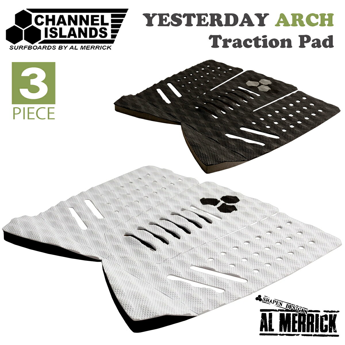 Yesterday 3 Piece Arch Traction Pad CIの新しいグリップパターン、サーモプレスは、同じバイオグリップEVAを使用し、ミックスグルーブパターンをハットプレスすることで、EVAフォームを密封しつつ、全体の厚みを減らしています。 その結果、非常にグリップ力が高く、軽量で反応の良いトラクション・パッドが完成した。 ■ 商品詳細 ■ ・3ピーストラクション ・新グリップパターン「Thermo Press」 ・15mmランプキック ・5mm 長方形アーチ ・ダイカットで穴を開け、軽量化、グリップ力アップ ・フィッシュタイプボード用にワイドな設計 ・BioGrip ナチュラル EVA フォーム ・3M マリングレード接着剤 ■カラー： Black(ブラック) White(ホワイト) ※Blackのロゴ部分とキック部分のグレーは画像より少し明るめのグレーとなります。 ※こちらの商品はパッケージ(外箱)は付属しません。 ※メール便はポスト投函となりますので、補償がありません。 また、日時指定・代金引換決済はご利用いただけませんので予めご了承くださいませ。 ※クレジットカード/銀行振り込み/楽天(etc)決済など、15時までに決済完了の場合は即日発送！(※15時以降の決済確認は翌日以降ご入金確認後の発送） オーシャン スポーツメール便【ロケット便】 代引き決済はご利用頂けません。※代金引換え決済をご希望の場合は、通常宅配便等に対応の商品ページにてご注文下さい。 〇デザイン等、予告なしに変更となる場合があります。ご了承ください。 〇掲載商品の色は、できる限り現品と同じになるよう努めておりますが、ご使用のパソコン環境により多少色合いが異なる場合がございます。著しい色の相違は御座いませんのでご安心ください。 〇メーカー公式サイトから抜粋している画像等をそのまま使用している場合は、撮影方法や明るさにより実際商品と色味が異なる場合がございますが予めご了承ください。 〇商品ページに記載のカラー表記ですが、カタログやJANコード作成時などにメーカーで割り当てたカラー表示となり実際の商品と色味が異なる場合がございますが予めご了承下さい。 〇また柄物商品の場合などは、商品により柄の位置や入り方に個体差が生じてしまいます。商品ページの写真とイメージが異なる場合がございますが予めご了承下さい。 〇お急ぎのお客様は、ご確認していただく事をお勧め致します。 ※コチラの商品はメール便での発送となります。 メール便の配送はポスト投函でのお届けとなります。 手渡しでの配達や日時指定、代引きでのお支払等をご希望の場合は『通常宅配便対応』の商品ページにてご注文頂きますようにお願い致します。