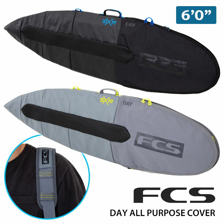 FCS DAY ALL PURPOSE COVER 6’0” 新しいデイカバー。 超軽量でタフなこのカバーは、ビーチへの移動やビーチからの移動の際に日常的に使用するのに理想的なカバーです。 ■ 特徴 ■ ■軽量：ボードバッグの重量を最小限に抑える軽量素材を採用。前モデルより30%軽量化。 ■5mm高密度パッド：日常的な使用に最適なプロテクション。 ■輪郭のあるストレッチフィット：独自の「アルマジロ」ストリップを使用しており、通気性を確保するだけでなく、ボードの周りでバッグをしっかりと固定します。 ■3Dレールプロテクション：縫い目をなくし、レールの形状に合わせた高密度フォームの連続レイヤーを提供します。 ■拡張可能なフィンウィング：フィンの有無に関わらずボードを持ち運ぶことができます。 ■人間工学に基づいたショルダーパッド：二重構造で通気性に優れ、究極の快適性とサポートを提供します。 ■マリングレードのジッパー：強度、耐久性、耐衝撃性に優れています。 ■デザイン 3DFIT技術で、FCSデイシリーズボードカバーは、優れた保護とフィット感を提供するレールの形状にフォームの連続的な層を特徴としています。 フォームのこの高密度層の外に、デイシリーズは、頑丈なリップストップ材料と非毒性のゴムコーティングと耐久性のある織物を組み合わせています。 ■サイズ：6’0” ■カラー： BLK(ブラック) CGY(グレー) ※こちらの商品は一万円以上送料無料の対象外となります。送料が別途加算されますので予めご了承ください。 ※クレジットカード/銀行振り込みなど、15時までに決済完了の場合は即日発送！(※15時以降の決済確認は翌日以降ご入金確認後の発送） ○デザイン、仕様、価格等、予告なしに変更となる場合があります。ご了承ください。 ○掲載商品の色は、できる限り現品と同じになるよう努めておりますが、ご使用のパソコン環境により多少色合いが異なる場合がございます。著しい色の相違は御座いませんのでご安心ください。 ○お急ぎのお客様は、ご確認していただく事をお勧め致します。