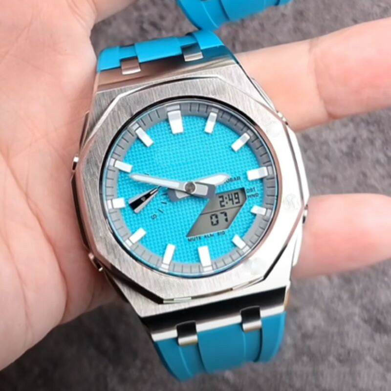 G-shock カシオ GA-2100-7A7 スカイブルー カスタム MOD 蛍光 ステンレス オフショアケース ラバーバンド 保証付き