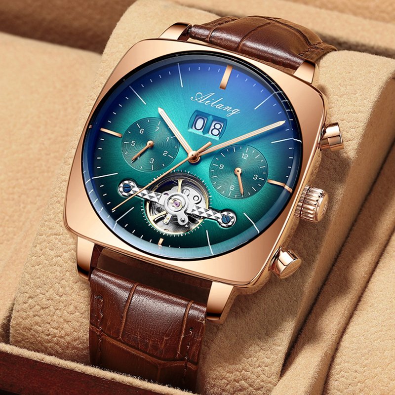AILANG メンズ腕時計 機械式自動巻 レザー スクエア トゥールビヨン ビジネス フォーマル 1年保証