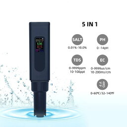 充電式5 in 1 塩分/EC/TDS/PH 温度データ PH測定器 高精度 デジタルPH計 アクアリウム PHメーター PHチェック ペーハー 測定器 水質検査 水槽 液体 水質測定用 ペーハー計 校正 自動校正 ポケットタイプインテリジェント水質テスター PH 温度テスト