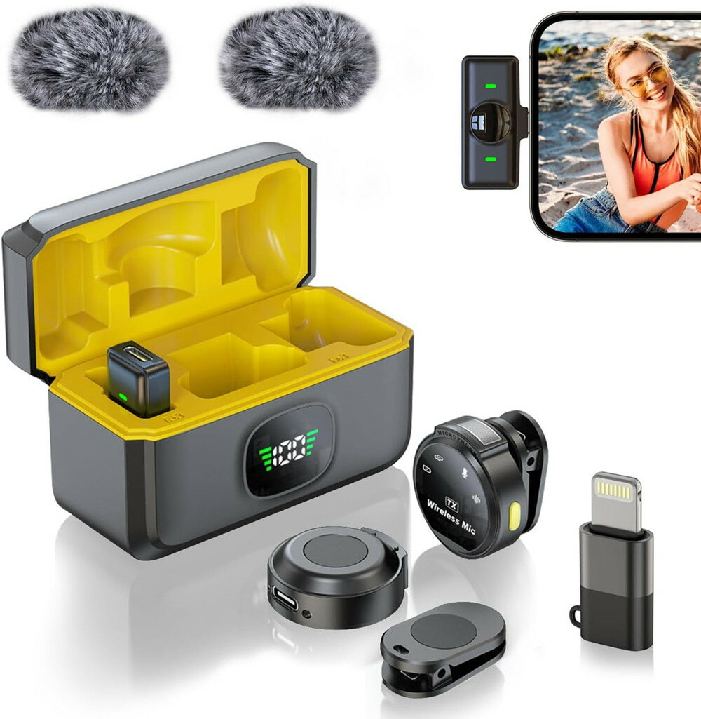 【新型 VLOG 】ラペルマイク ワイヤレスマイク- 高度なノイズ低減機能と 2.4G ワイヤレス技術を搭載したデュアルクリップオンマイク 遅延なし、ディスク型...