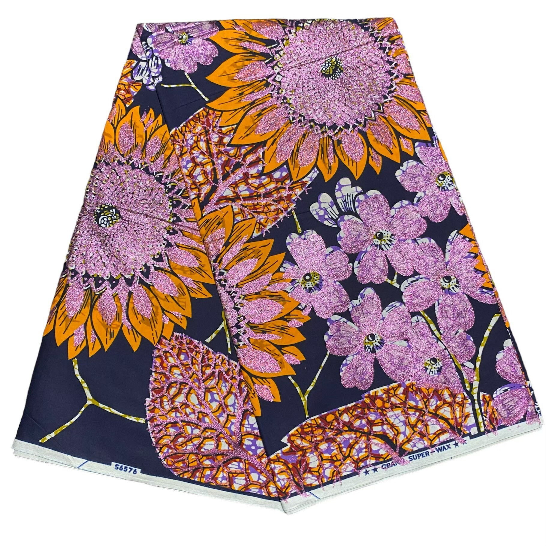 【90cm〜】アフリカ布　アフリカンファブリック　アフリカンプリント　アフリカンバティック　アンカラ　カンガ　パーニュ　キテンゲ　生地　布　アフリカ　アフリカン　はぎれ　ハギレ　ハンドメイド　ハンドメイド素材　手芸　素材　花　花柄　ひまわり　向日葵　ラメ