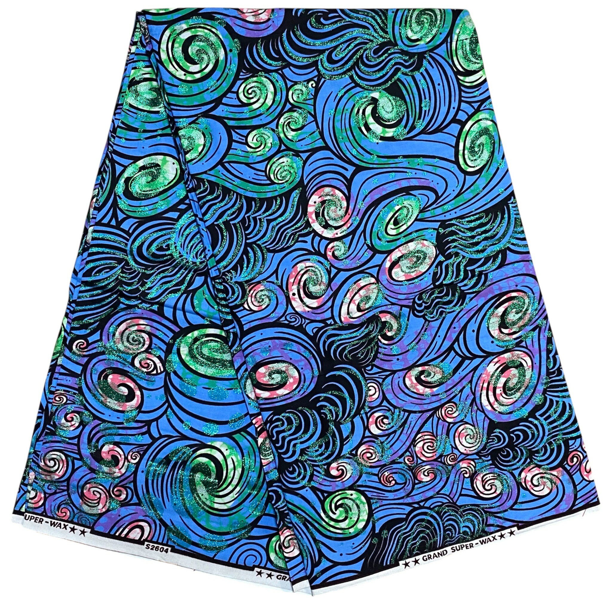 【90cm〜】アフリカ布　アフリカンファブリック　アフリカンプリント　アフリカンバティック　アンカラ　カンガ　パーニュ　キテンゲ　生地　布　アフリカ　アフリカン　はぎれ　ハギレ　ハンドメイド　ハンドメイド素材　エスニック　グリッター　ラメ　青　ブルー　霞