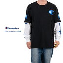 【セール】 Champion 長袖Tシャツ レイヤード デカ目 メンズ ヘビーウェイト コットン 黒 白 大きいサイズ M-XXL T5842