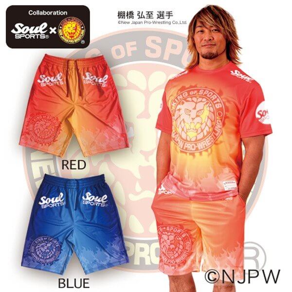 「夏服 セール」 新日本プロレス × ソウルスポーツ コラボレーション ハーフパンツ メンズ グラデーション 総柄転写 プリント ショートパンツ ブルー / レッド 全2色