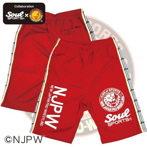 「夏服 セール」新日本プロレス × ソウルスポーツ コラボレーション ハーフパンツ メンズ ララインテープ付き ジャージ ショートパンツ レッド 全1色