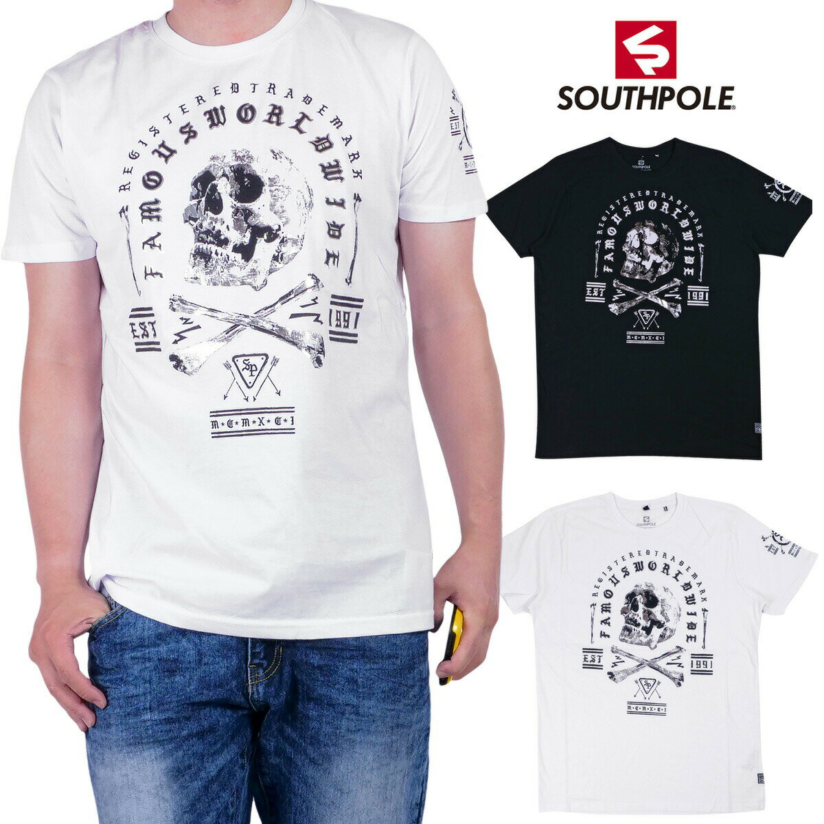 楽天STROLL【ストロール】STL【セール】 SOUTHPOLE 半袖Tシャツ メタリック メンズ b系 コットン 黒/白 大きいサイズ インポート 正規品